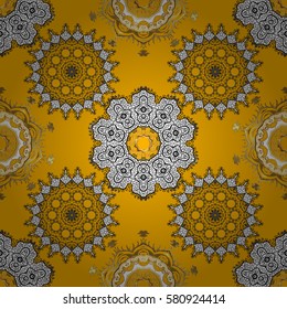 Vintage seamless pattern on a yellow background with golden elements. Vector illustration.