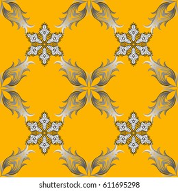 Vintage seamless pattern on a yellow background with gray elements. Christmas 2019, snowflake, new year.