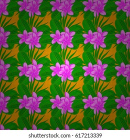 Vintage seamless pattern on a yellow background. Hand written vector plumeria flowers, stamps, keys.
