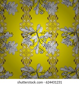 Vintage seamless pattern on a yellow background with golden elements. Vector illustration.