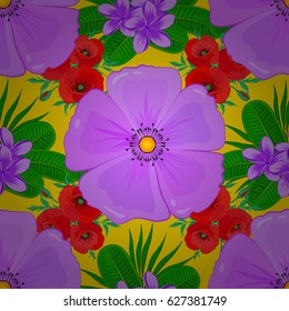 Vintage seamless pattern on a yellow background. Hand written vector cosmos flowers, stamps, keys.