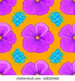 Vintage seamless pattern on a yellow background. Hand written vector cosmos flowers, stamps, keys.