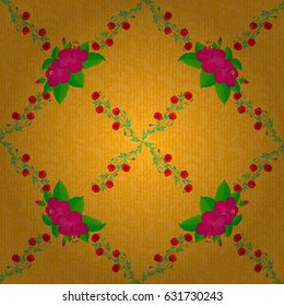 Vintage seamless pattern on a yellow background. Hand written vector hibiscus flowers, stamps, keys.