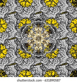 Vintage seamless pattern on a yellow background with golden elements. Vector illustration.