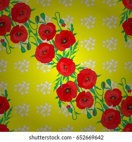 Vintage seamless pattern on a yellow background. Hand written vector poppy flowers, stamps, keys.