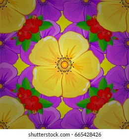 Vintage seamless pattern on a yellow background. Hand written vector cosmos flowers.