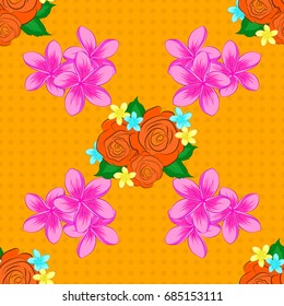 Vintage seamless pattern on a yellow background. Hand written vector plumeria flowers, stamps, keys.