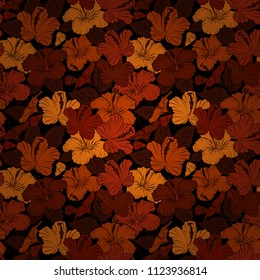 Vintage seamless pattern in orange, black and red colors. Hand written vector hibiscus flowers, stamps, keys.