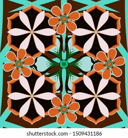 Vintage seamless pattern in orange and brown colors. Hand written vector flowers, stamps, keys.