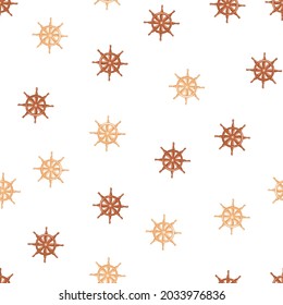 Vintage seamless pattern with orange and brown ship helm ornament. White background. Isolated backdrop. Designed for fabric design, textile print, wrapping, cover. Vector illustration.