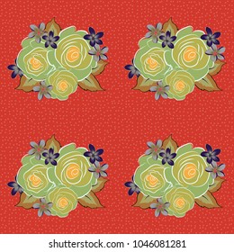 Vintage seamless pattern in and orange colors. Hand written vector rose flowers and leaves, stamps, keys.