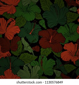 Vintage seamless pattern in orange, green and black colors. Hand written vector hibiscus flowers, stamps, keys.