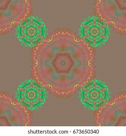 Vintage seamless pattern with orange, green and brown repeating elements. Oriental abstract vector classic pattern.