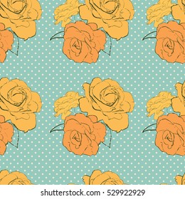Vintage seamless pattern with orange roses on blue background with polka dots. Vector illustration for print on wrapping paper, fabric etc
