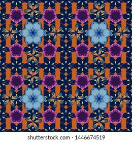 Vintage seamless pattern in orange, violet and blue colors. Hand written vector flowers, stamps, keys.