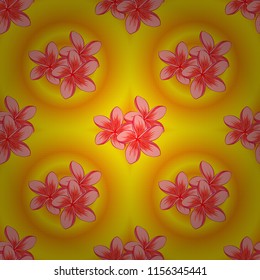 Vintage seamless pattern in orange, yellow and pink colors. Hand written vector plumeria flowers, stamps, keys.