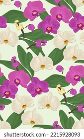 Vintage seamless pattern with orchid flowers on green background. Botanical ornaments. Vector illustration.