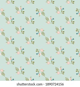 Vintage seamless pattern with organic little apple fruit print. Light blue pastel background. Graphic design for wrapping paper and fabric textures. Vector Illustration.