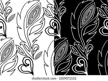 Vintage seamless pattern with original hand drawn feathers on black and white background. Seamless vector pattern.