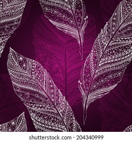 Vintage seamless pattern with original hand drawn feathers on black background. Seamless vector pattern. 