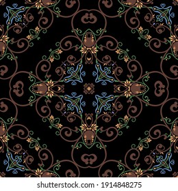 Vintage seamless pattern. Ornamental arabesque background. Repeat colorful vector backdrop. Floral ornaments. Vintage flowers, leaves, swirls, lines. Beautiful luxury ornate decorative design. 