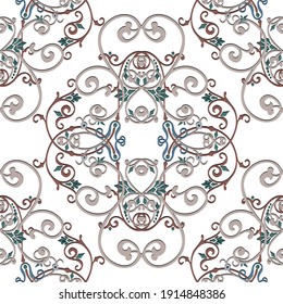 Vintage nahtloses Muster. Zierarabischer Hintergrund. Wiederholen Sie Vektorhintergrund. Blumenschmuck. Vintage Blumen, Blätter, Wirbel, Linien. Schönes luxuriöses Dekorationsdesign. Auf weiß.