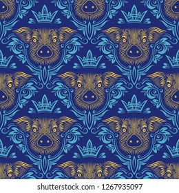 Vintage seamless pattern of ornamental pig muzzle with crown. New Year 2019 gift wrapping. Holiday wallpaper with Chinese zodiac symbol.