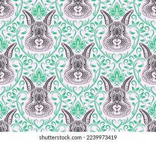 Vintage seamless pattern of ornamental rabbit muzzle. New Year 2023 gift wrapping of patterned rabbit head. Holiday wallpaper with Chinese zodiac symbol.