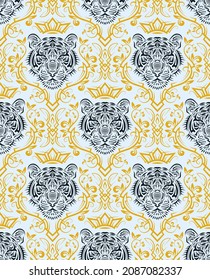 Vintage seamless pattern of ornamental tiger muzzle. New Year 2022 gift wrapping of patterned tiger head. Holiday wallpaper with Chinese zodiac symbol.