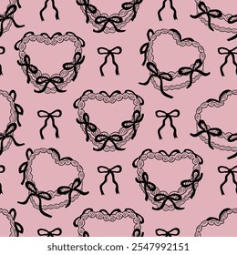 Vintage seamless pattern with outline heart shaped cakes with black bows. Vector background in retro coquette aesthetic