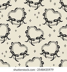 Vintage seamless pattern with outline heart shaped cakes with black bows. Vector background in retro coquette aesthetic