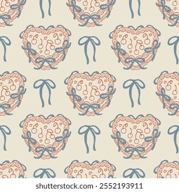 Vintage seamless pattern with outline heart shaped cakes with red ribbons. Vector background in retro coquette aesthetic