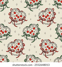 Vintage seamless pattern with outline heart shaped cakes with bows and cherries. Vector background in retro coquette aesthetic. Holiday christmas illustration