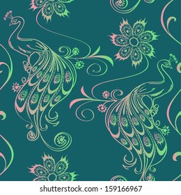 Vintage seamless pattern with outline peacocks and flowers