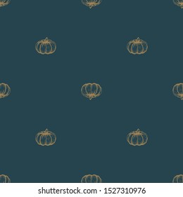 Vintage seamless pattern of outline pumpkins on dark green background.