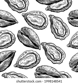  Patrón ininterrumpido de vintage con conchas de ostión en el dibujo grabado a mano Estilo Imprimir con elementos de mejillones 