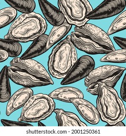  Vintage seamless pattern with oyster shells in engraving sketch hand drawn style Print with mussels elements 