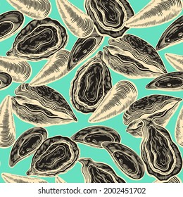  Vintage seamless pattern with oyster shells in engraving sketch hand drawn style Print with mussels elements 