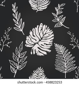 Vintage seamless pattern with palm leaf, twig, fern branch, tree sprig. Background for eco forest wedding or autumn celebrations. Floral rustic symbols and elements in chalkboard hand drawing style.