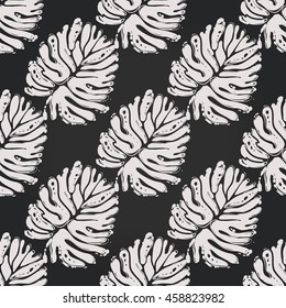 Vintage seamless pattern with palm leaf. Background for eco forest autumn celebrations. Floral rustic symbols and elements in chalkboard hand drawing style.