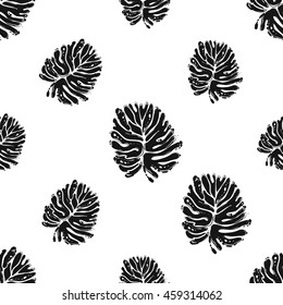 Vintage seamless pattern with palm leaf. Background for eco forest autumn celebrations. Black floral rustic symbols and elements on white hand drawing style.