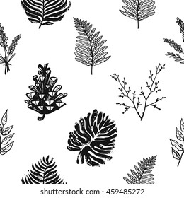 Vintage seamless pattern with palm leaf, lavender bouquet, twig, fern branch, pinecone. Background for eco forest wedding or autumn celebrations. Black floral rustic symbols hand drawing style.