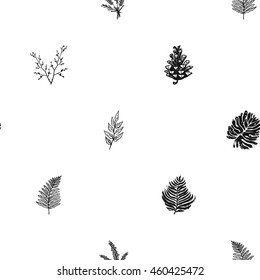 Vintage seamless pattern with palm leaf, lavender bouquet, fern branch, pinecone. Background for eco forest autumn celebrations. Black floral rustic symbols and elements on white hand drawing style.