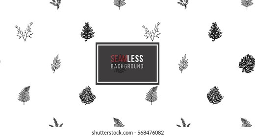 Vintage seamless pattern with palm leaf, lavender bouquet, double twig, fern branch, pinecone, tree branch, fern leaf. Background for eco forest wedding or autumn celebrations.