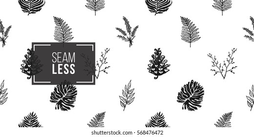 Vintage seamless pattern with palm leaf, lavender bouquet, double twig, fern branch, pinecone, tree branch, fern leaf. Background for eco forest wedding or autumn celebrations.