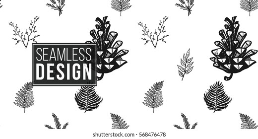 Vintage seamless pattern with palm leaf, lavender bouquet, double twig, fern branch, pinecone, tree branch, fern leaf. Background for eco forest wedding or autumn celebrations.