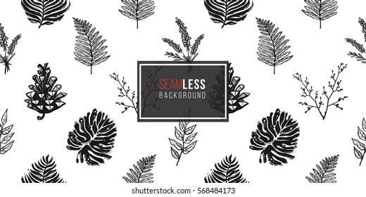 Vintage seamless pattern with palm leaf, lavender bouquet, double twig, fern branch, pinecone, tree branch, fern leaf. Background for eco forest wedding or autumn celebrations.