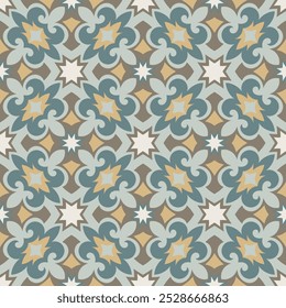 Vintage seamless pattern in pastel tones. Overlapping art forms, stripes, polygons, segments are grouped and arranged in a certain order. Vector.