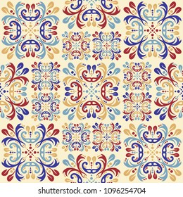 Vintage seamless pattern. Seamless patchwork tile in bright colors. Pattern can be used for ceramic tile, wallpaper, linoleum, textile, web page background and other    