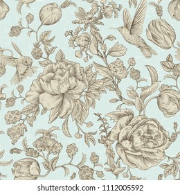 Vintage seamless pattern with peonies and roses. Vector floral wallpaper